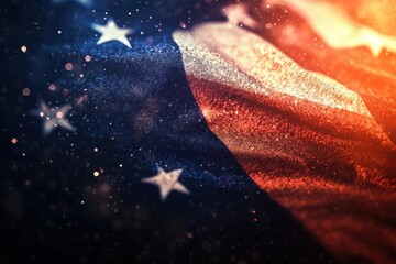 A flag with stars and stripes is shown in a blurry, starry background