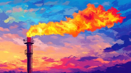 Vibrant Industrial Landscape with Emission Flame Against a Colorful Sky During Sunset, Showcasing the Contrast Between Nature and Industry
