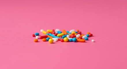 Obraz premium Colorful sprinkles scattered on a pink background. A small pile of various shapes and sizes
