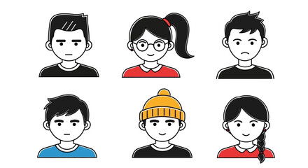 Collection of Diverse Simple Avatar Illustrations Men, Women, and Various Hairstyles