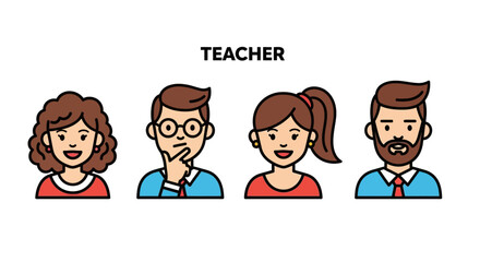 Diverse Set of Teacher Icons Male and Female Educators, Line Art Illustrations