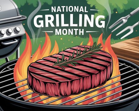 A vibrant graphic design highlights National Grilling Month, featuring a perfectly grilled steak on a charcoal grill with flames and smoke.