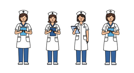 Four Nurses in Uniform Healthcare Professionals Illustration