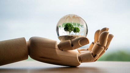 Wooden hand gently holding a glass globe with a miniature green world