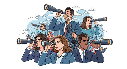 Business Professionals Looking Through Telescopes Vision, Future, Strategy