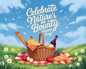 A vibrant and cheerful illustration of a picnic basket overflowing with food (wine, bananas, grapes, sandwich) set on a checkered tablecloth in a grassy field.