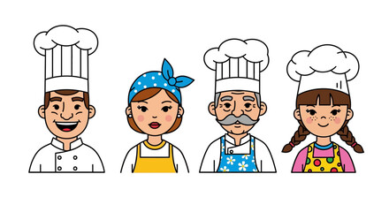 Family of Chefs Cartoon Illustration of Four Culinary Professionals