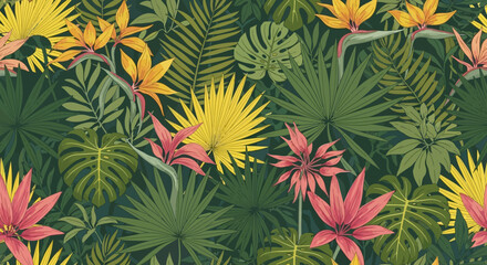 Vibrant Tropical Seamless Pattern Lush Exotic Leaves and Flowers