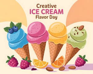 This vibrant illustration depicts three ice cream cones with different flavors and toppings. Colorful ice cream cones celebrating Creative Ice Cream Flavor Day.