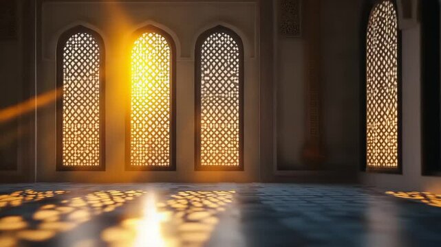Beautiful sunlight streaming through ornate windows in an ancient architectural space, creating patterns