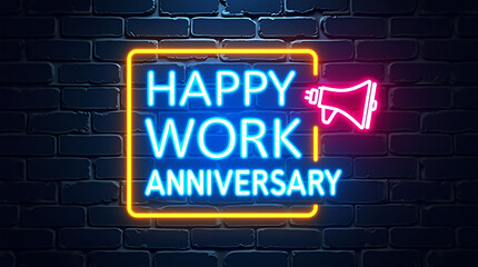 Fototapeta premium Happy Work Anniversary Neon Sign Blue Yellow Pink Brick Wall 