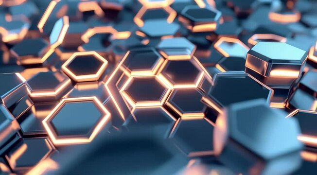 Floating hexagons slowly rotating in different directions, their edges glowing and reflecting the surrounding light