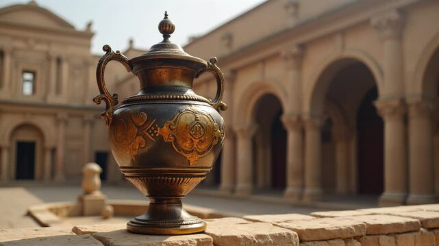 Side view of rotating golden amphora in ancient square.