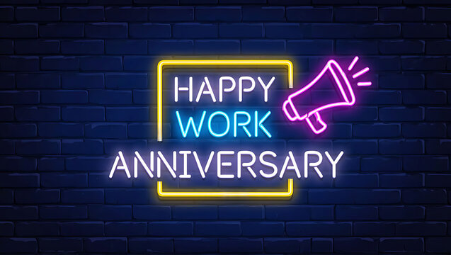 Happy Work Anniversary Neon Sign Yellow Megaphone Brick Wall