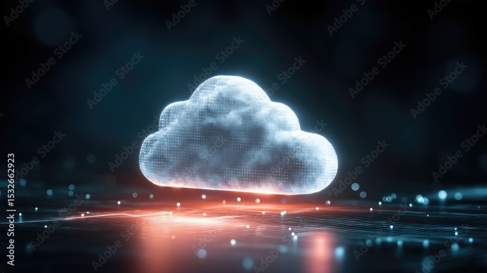 Poster Futuristic digital cloud icon with pixelated texture and soft glowing lights hovering over a tech grid background, great for cloud storage, computing, or AI data visuals