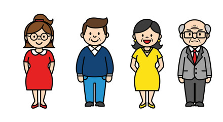 Diverse Group of Cartoon People Adult Woman, Man, Senior Woman, and Senior Man Illustrations