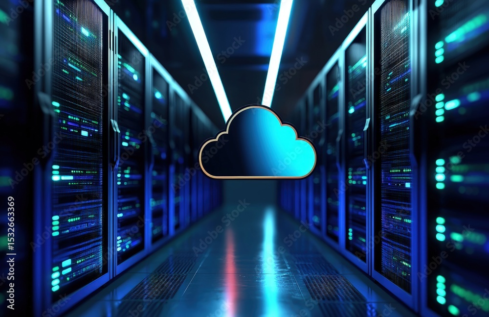 Aufkleber blue 3d cloud icon floating in a glowing server room hallway with symmetrical racks and futuristic l