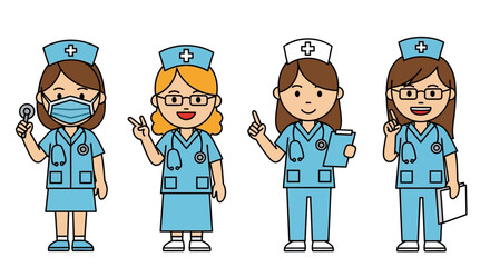 Adorable Cartoon Nurses Diverse Set of Healthcare Professionals Illustrations