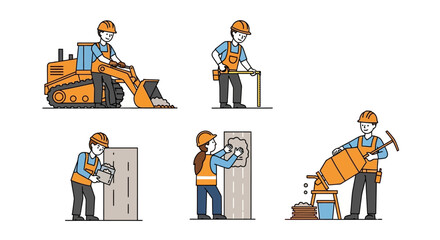 Construction Workers Diverse Roles in Building Projects - Illustration Set