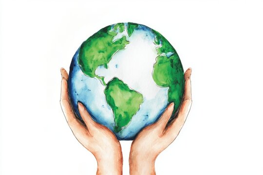 Two hands gently hold a watercolor painting of Earth, symbolizing care and protection for the planet.
