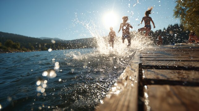 friends jumping into lake from dock with splashes and sunlight summer fun