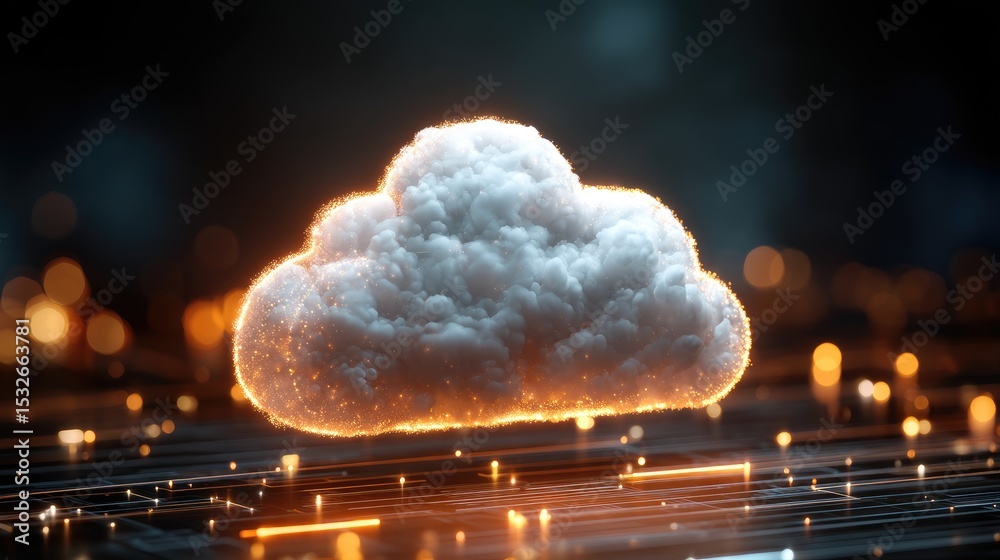 Poster Realistic 3D fluffy cloud with glowing orange particles hovering over a digital circuit board background, perfect for cloud technology, computing, or data network visuals