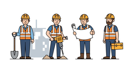 Construction Workers Illustration Set of Diverse Workers in Safety Gear