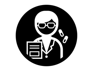 白衣を着た薬剤師のシンプルな丸いモノクロ白抜きイラストアイコン