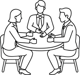 Line Art Depicting Three Business People Seated Around a Round Table, Meeting