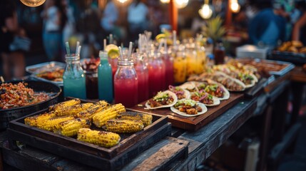 street food market at sunset with grilled corn tacos and colorful summer drinks