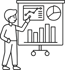 Outlined Illustration Presenter Pointing at Growth Chart and Pie Chart on Display Board