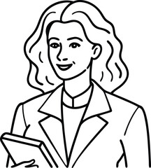 Woman with Wavy Hair in Blazer Holding Book Black and White Line Art