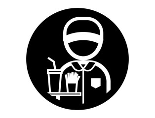 ポテトとジュースを持つファーストフード店員の丸いシンプルなモノクロ白抜きイラストアイコン