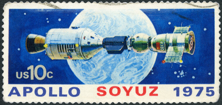 USA - 1975: shows Apollo and Soyuz After Docking and Earth, 1975