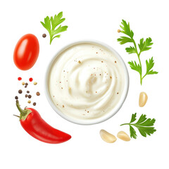 Mayonnaise, Natural mayonnaise ingredients and the sauce itself, isolated on transparent background