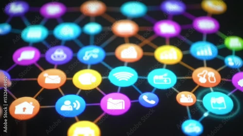 Wall mural touchscreen interface displaying colorful app icons and connection symbols.