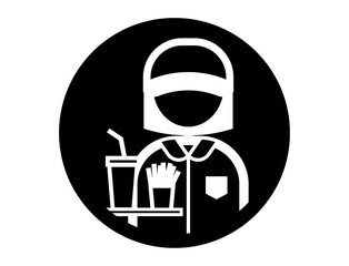 ポテトとジュースを持つファーストフード店員の丸いシンプルなモノクロ白抜きイラストアイコン