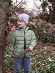 A young boy in a gray beanie and green puffer jacket examines budding branches in a forest clearing...