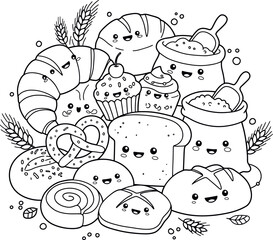 A whimsical coloring page featuring a delightful group of kawaii-style baked goods. Smiling bread, croissants, cupcakes, and flour sacks gather for a cheerful bakery party.