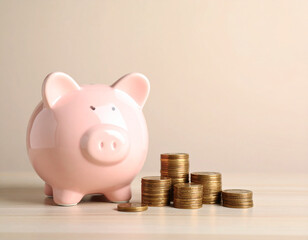 Pink piggy bank with stacks of gold coins on a wooden surface
