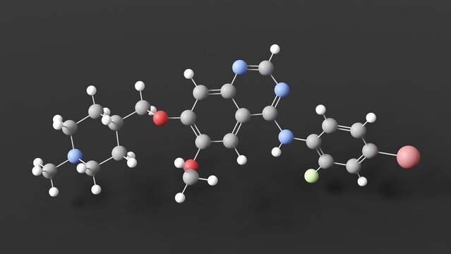 vandetanib molecule 3d, molecular structure, ball and stick model, structural chemical formula anti-cancer
