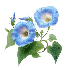 Morning Glory, Morning Glory Flower Blooms, Blue Sunlit Petals in Garden, isolated on transparent background