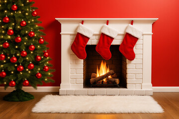 A fireplace with kristmas stockings next to a Christmas tree with red balls.