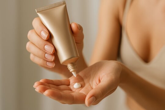 Female hand applying skincare lotion from soft tube in golden light, daily beauty care