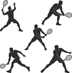 Silhouette illustration of tennis players in various dynamic playing positions