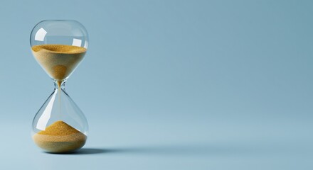 Elegant hourglass with golden sand against a serene blue background symbolizes time management, deadline, and life's fleeting moments.