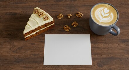 Cake slice and branded napkin mockup on a wooden tray, elegant café scene with space for logo placement