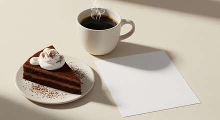 Cake slice and branded napkin mockup on a wooden tray, elegant café scene with space for logo placement