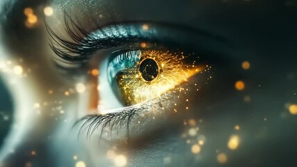 Close-up of a human eye with a cosmic effect, showcasing swirling colors and sparkles