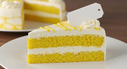 Close-up of cake slice with blank tag for flavor or logo, shallow depth of field, natural lighting